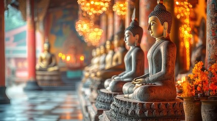 A majestic Thai temple filled with beautiful and revered Buddha statues, creating an atmosphere of serenity and faith, ideal for religious photography