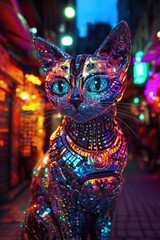 Minimal Hypermaximalist Cryopunk Cat in Istanbul Featuring Sparkling Details and Vibrant Colors with Intricate Patterns and Textures