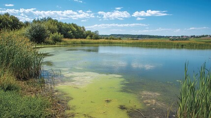 Pollutants and algae choke a lake, effects of nearby industrial waste transforming the ecosystem into a murky green.
