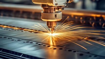 Precision laser cutting machine slicing through metal sheets, sharp beams of light, showcasing intricate designs and advanced manufacturing technology.