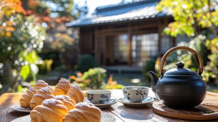 Naklejka premium A serene outdoor tea setting with pastries, showcasing a peaceful garden view.