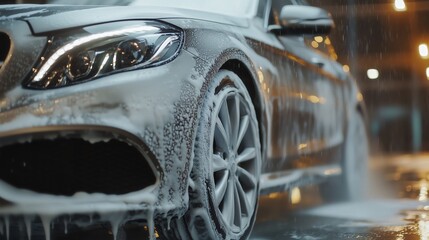 Car being washed with foam soap close-up, highlighting luxury vehicle cleanliness and thoroughness