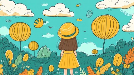 A whimsical illustration of a girl in a yellow dress and hat, standing in a vibrant, surreal landscape with oversized yellow flowers and floating objects against a bright blue sky.