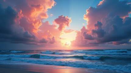 Obraz premium Dramatic Sunset Over the Ocean with Colorful Clouds and Gentle Waves at Twilight – Stunning Coastal Landscape Photography