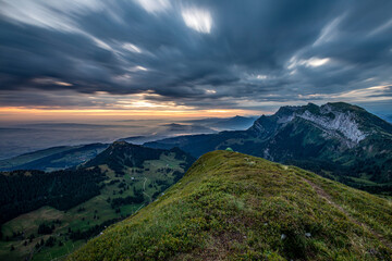 Naklejka premium Breathtaking hike along steep paths up from the Eigental valley to the summit of Mittaggüpfi and Pilatus, Switzerland. Once reached the summit, you are rewarded with a magnificent view of Pilatus.