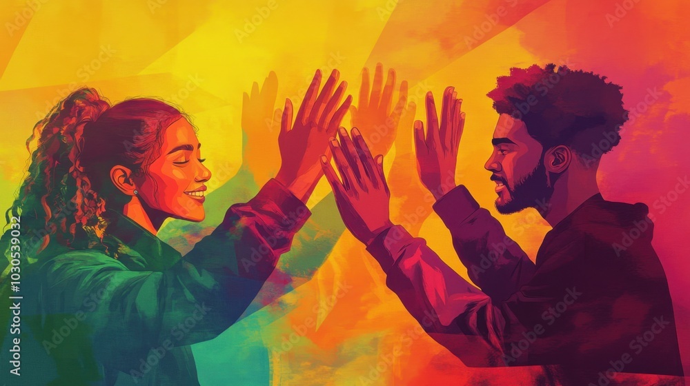 Poster Side view of a team high-fiving in a colorful, flat design with Tetradic color tones, representing unity and success in teamwork