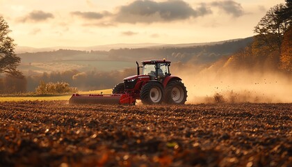 A red tractor plowing a field in the soft glow of dawn, illustrating modern agricultural techniques...