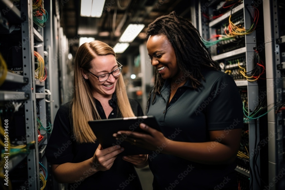 Poster it engineers examining computer female.