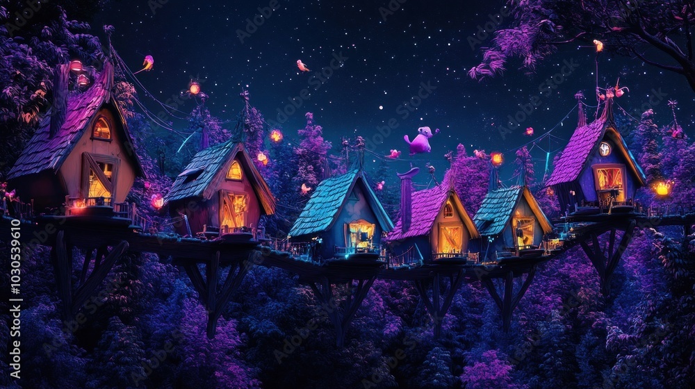 Poster A whimsical village of colorful treehouses illuminated under a starry night sky.