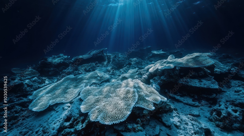 Canvas Prints Underwater scene showcasing coral formations illuminated by sunlight.