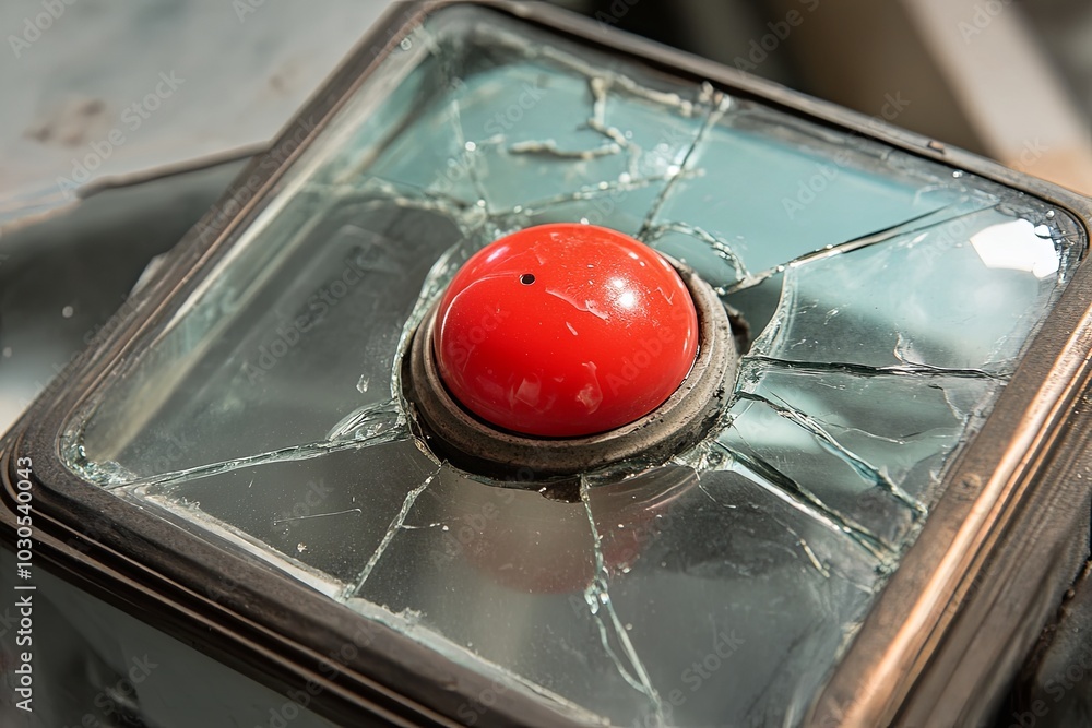 Poster a close-up of a cracked glass panel featuring a red button in an abandoned industrial setting during