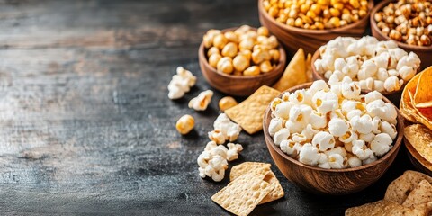 A vibrant assortment of snacks in wooden bowls, featuring popcorn and crackers on a rustic table, perfect for movie nights or gatherings.