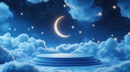 A serene night sky with clouds, a crescent moon, and stars over a circular platform.