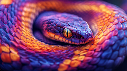 Fototapeta premium Abstract close-up of a snake’s scales, intricate pattern with vibrant colors, leaving a clear space for text.