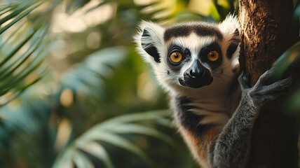 Obraz premium Lemur hanging from a tree in a tropical jungle, dense foliage behind with space for text or design elements.
