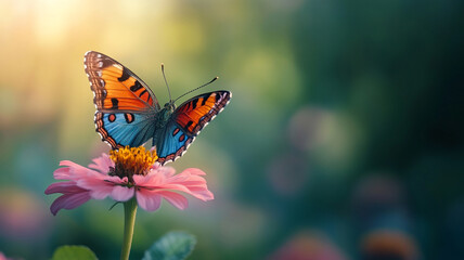Fototapeta premium Close-up of a butterfly resting on a vibrant flower, soft blurred green background with plenty of room for copy space.