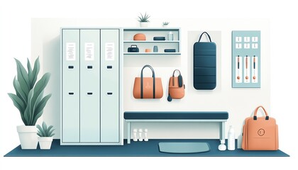 Modern vector illustration of a gym changing room showcasing lockers, a comfortable bench, a gym bag, fitness mat, and a water bottle for digital elements