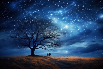 The stars are on full display in the dark blue sky tree landscape outdoors.