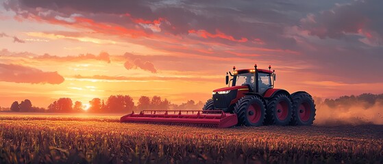 Fototapeta premium Scene of a red tractor effectively plowing a field at dawn, representing contemporary agricultural machinery and practices in a serene landscape