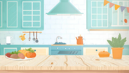 Abstract Watercolor vintage wooden table with kitchen on digital art concept, Generative AI.