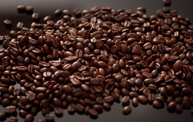 Coffee, organic and roast with background of beans for industry, supply and natural production. Sustainability manufacturing and texture with seeds for espresso, granules and caffeine beverage