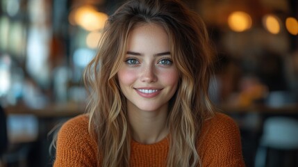 A young woman with long brown hair smiles at the camera while sitting in a cafe.