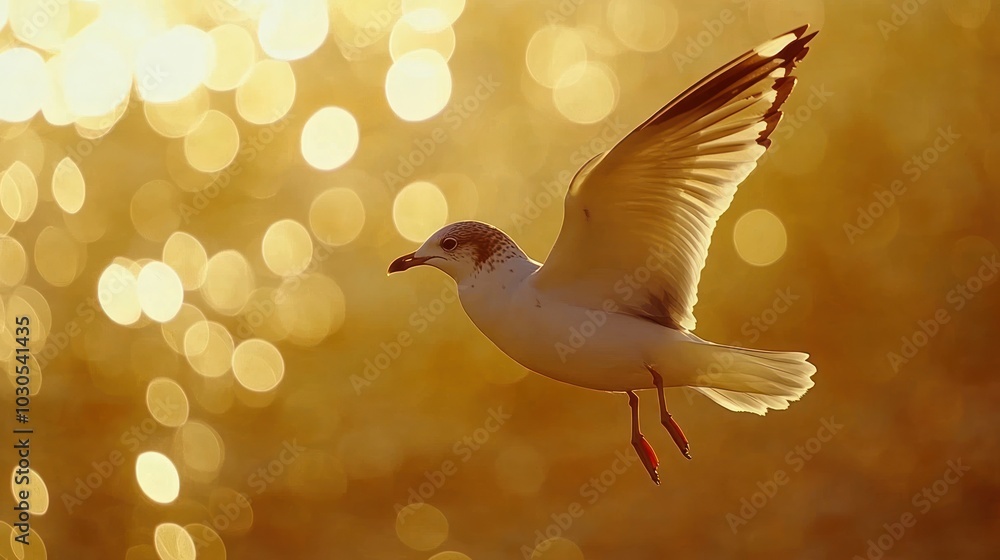 Sticker A seagull in flight against a shimmering golden background.