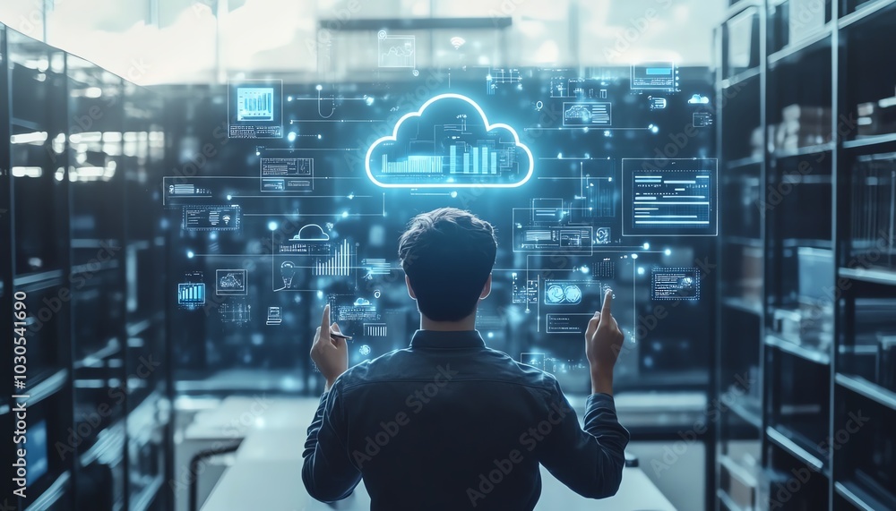 Poster a professional businessman showcasing cloud computing infographics and technology icons in a stockge