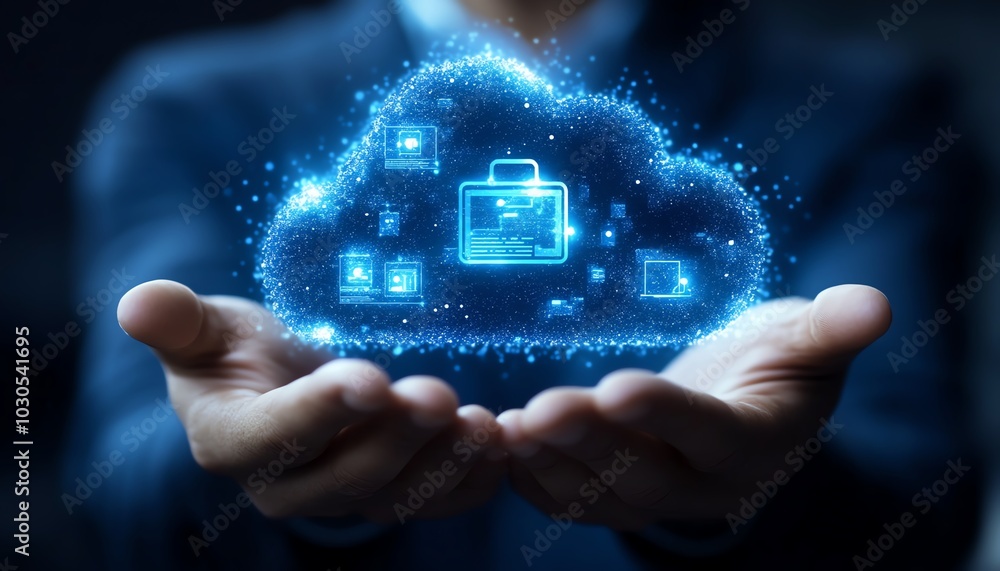 Poster a professional businessman showcasing cloud computing infographics and technology icons in a stockge