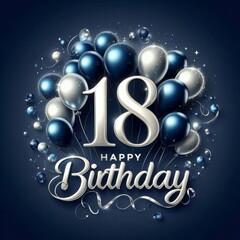 Elegant birthday design featuring blue balloons celebrating an 18th birthday.