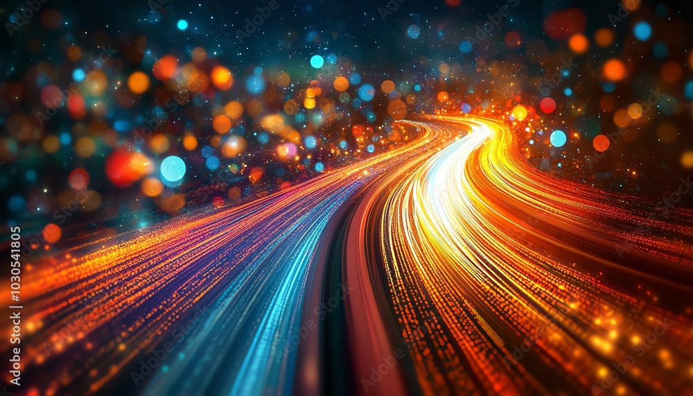 Fototapete a vibrant visualization of an information highway, illustrating streams of light that flow like data