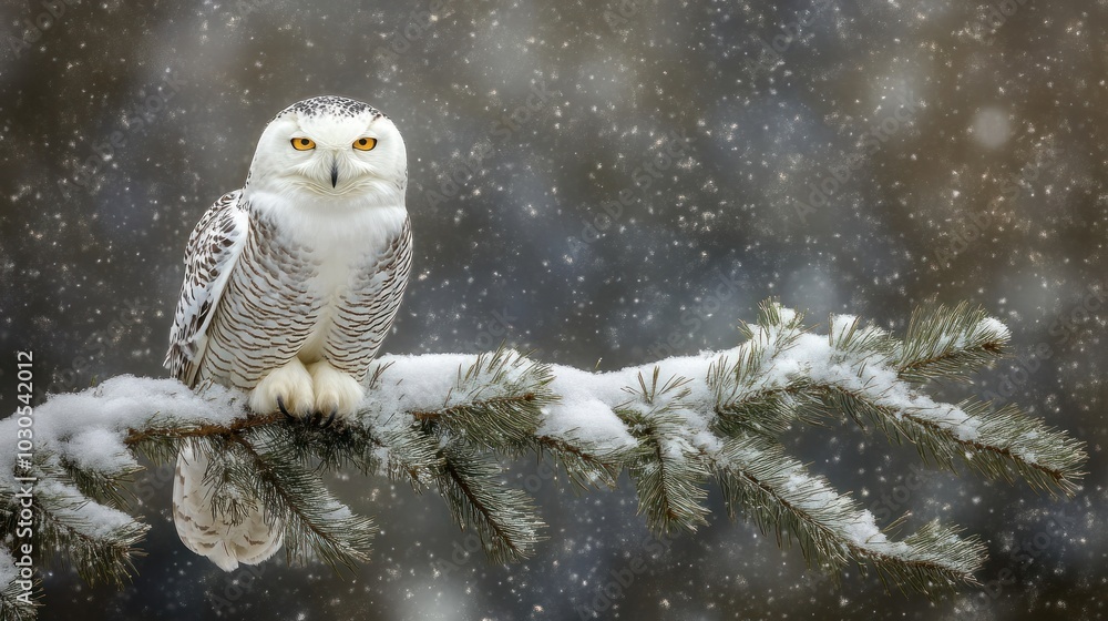 Sticker A snowy owl perched on a snow-covered branch during a snowfall.