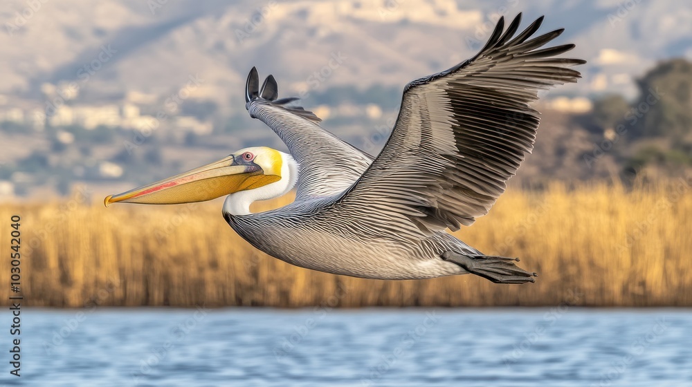 Wall mural A pelican gracefully flying over a serene water body with a natural backdrop.