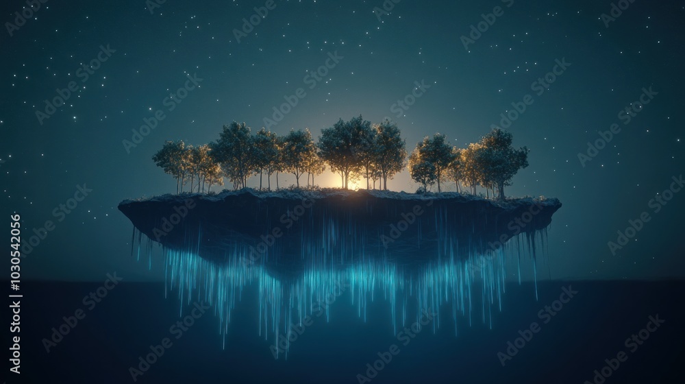 Poster a surreal floating island with trees illuminated by a glowing light against a starry background.