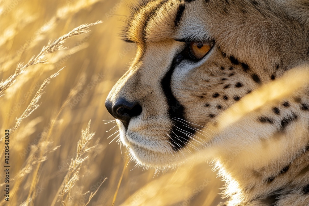 Wall mural A close-up profile of a cheetah amidst golden grass, highlighting its features and environment.