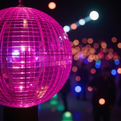 Obraz premium A close-up image featuring a lively disco scene against a backdrop of vibrant neon lights and a sparkling pink disco ball