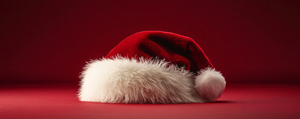 Santa hat on red background with copy space. Merry Christmas Concept for holiday greeting cards poster and festive seasonal decorations. Winter holiday and New Year celebration. Greeting card banner.