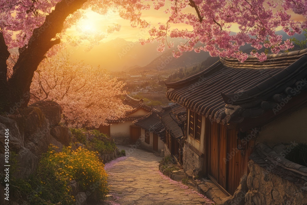 Canvas Prints Serene sunset over a traditional village path lined with cherry blossoms.