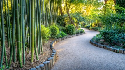 A serene pathway surrounded by tall bamboo and lush greenery in a tranquil garden setting.