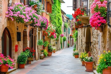 A picturesque street adorned with vibrant flowers in pots, creating a charming atmosphere.