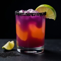 Detailed Canon EOS 5D Mark IV capture of a hauntingly beautiful purple-orange margarita against a dark backdrop