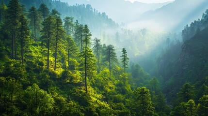 Fototapeta premium Lush Mountain Forest with Misty Light