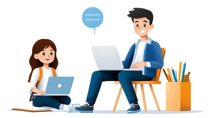 Focused Study Session with Students Using Laptops Notebooks and Highlighters Surrounded by School Supplies for Academic Success and Career Development