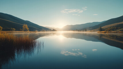 Fototapeta premium Calm lake at sunrise, soft reflections on the water, misty mountains in the distance, and a wide area of clear sky for copy space.