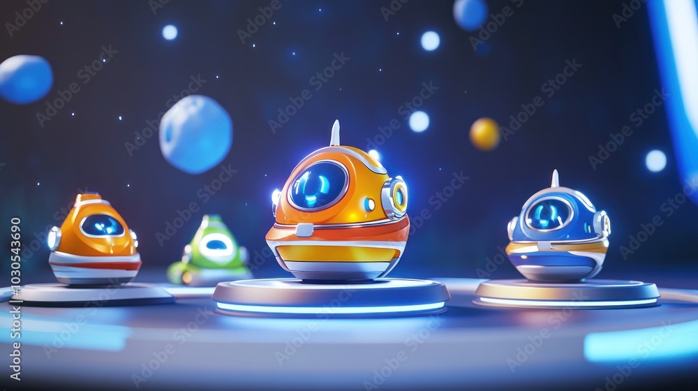 Poster a futuristic display of colorful spherical robots on a glowing platform in space.