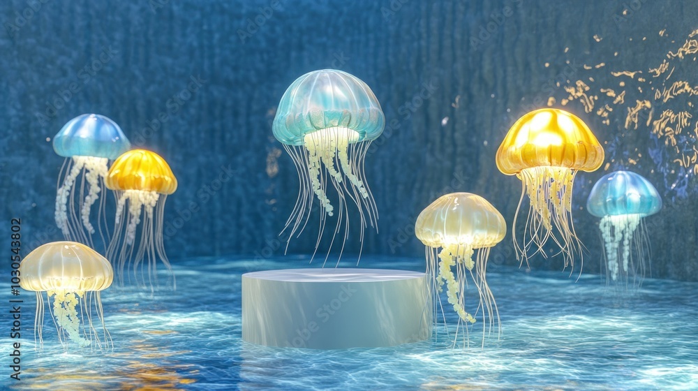 Canvas Prints A serene underwater scene featuring glowing jellyfish around a central platform.