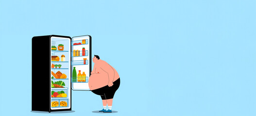 illustrazione uomo con grossa pancia che apre il frigo su fondo neutro