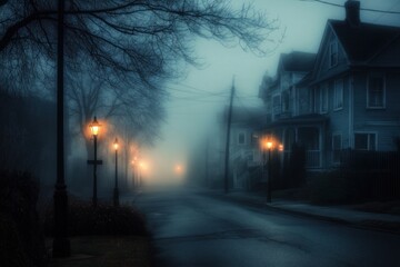 A foggy street scene with lampposts and houses, creating an eerie atmosphere.