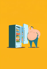 illustrazione uomo con grossa pancia che apre il frigo su fondo neutro