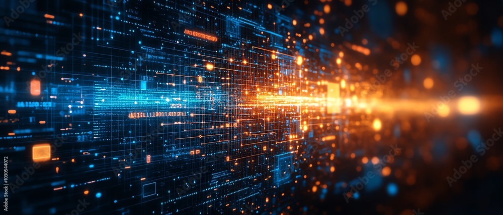 Poster creative background showcasing cyber technology innovation, incorporating futuristic graphics, codin